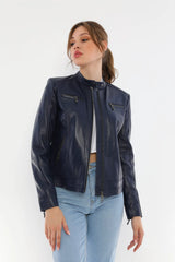 Kadın Kol Fermuarlı Deri Ceket Koyu Mavi