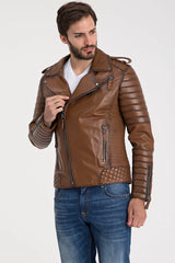 Erkek Biker Deri Ceket Kestane