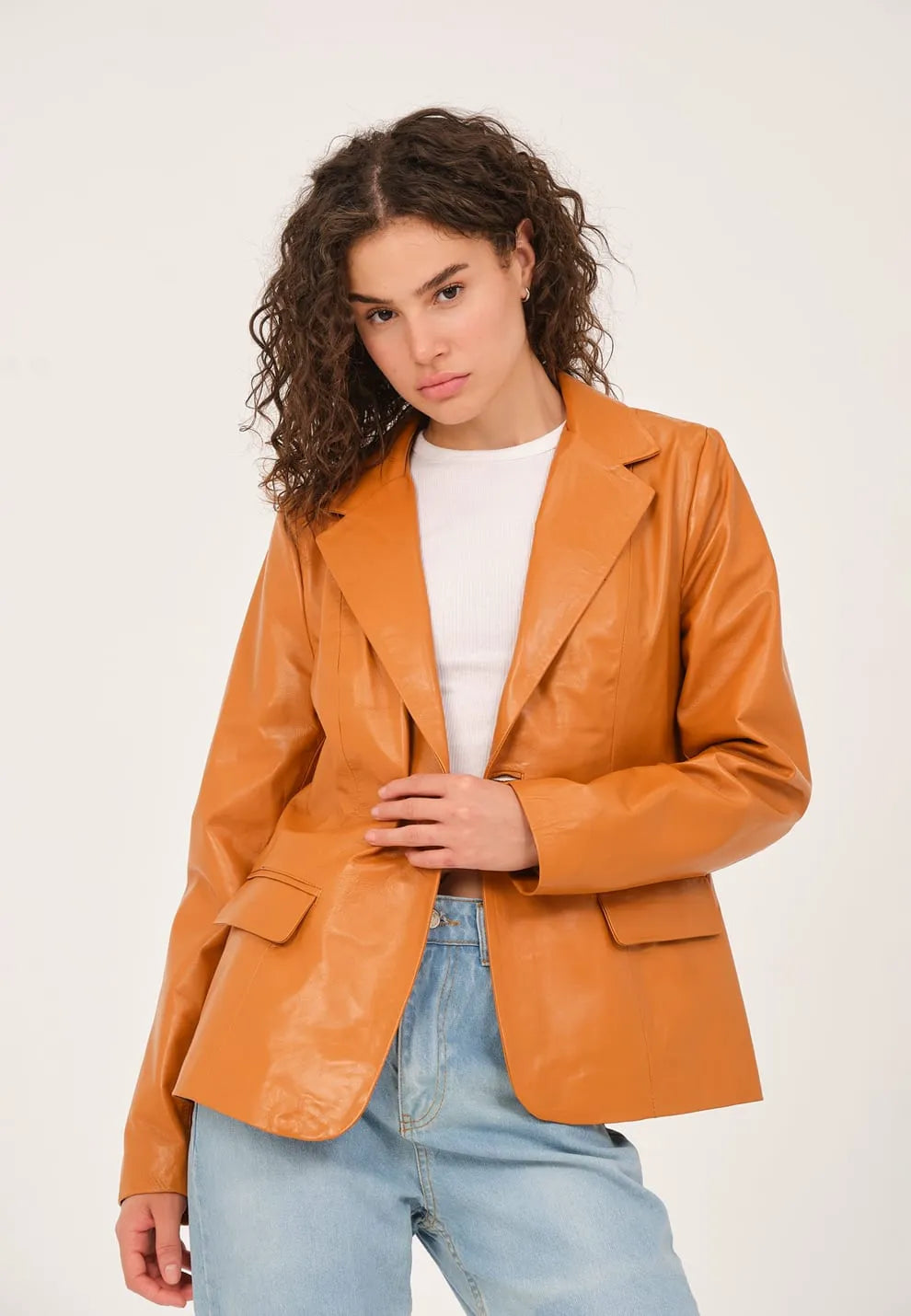 Kadın Tek Düğmeli Blazer Deri Ceket Açık Kahverengi
