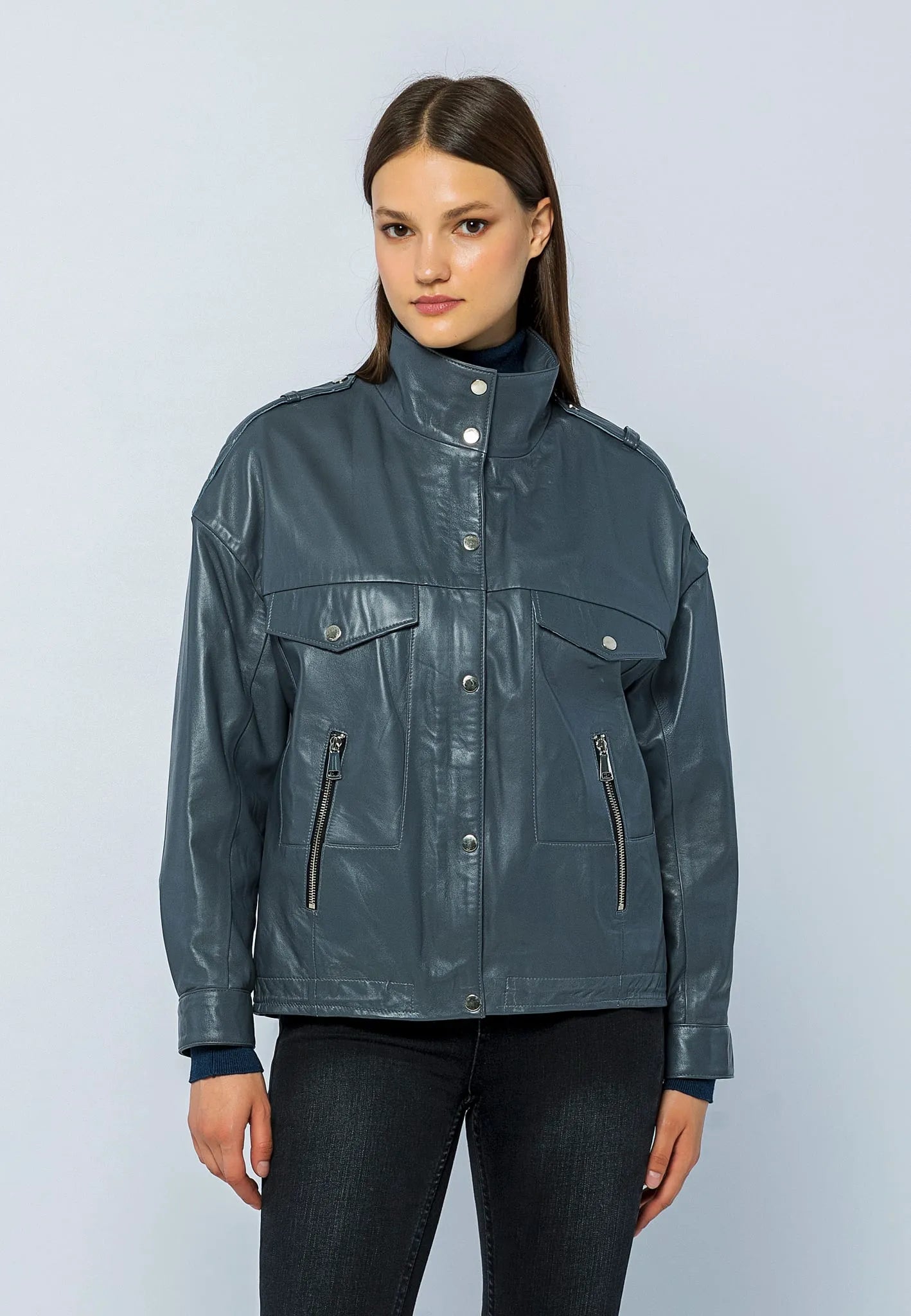 Kadın Oversize Deri Ceket Gri