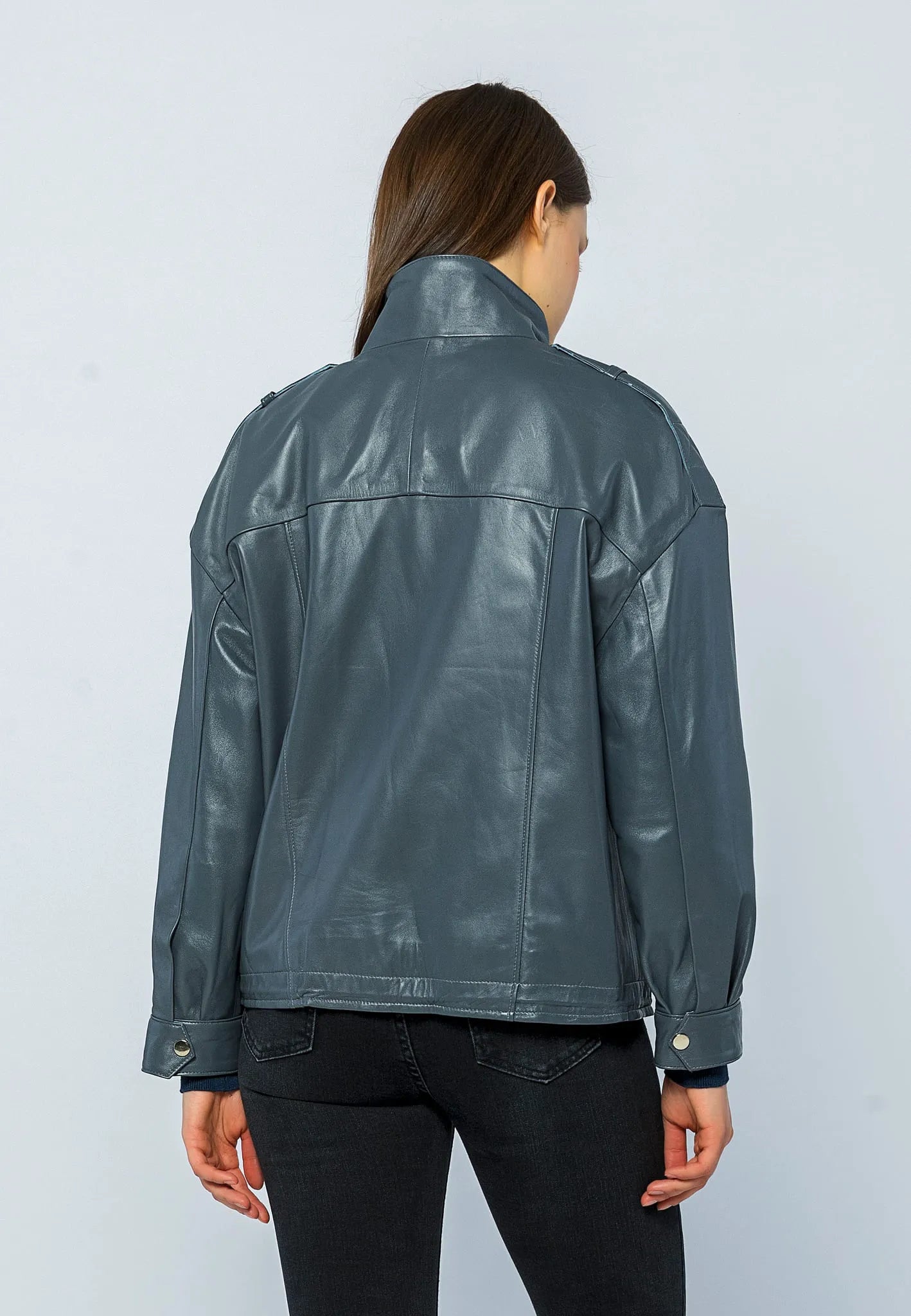 Kadın Oversize Deri Ceket Gri