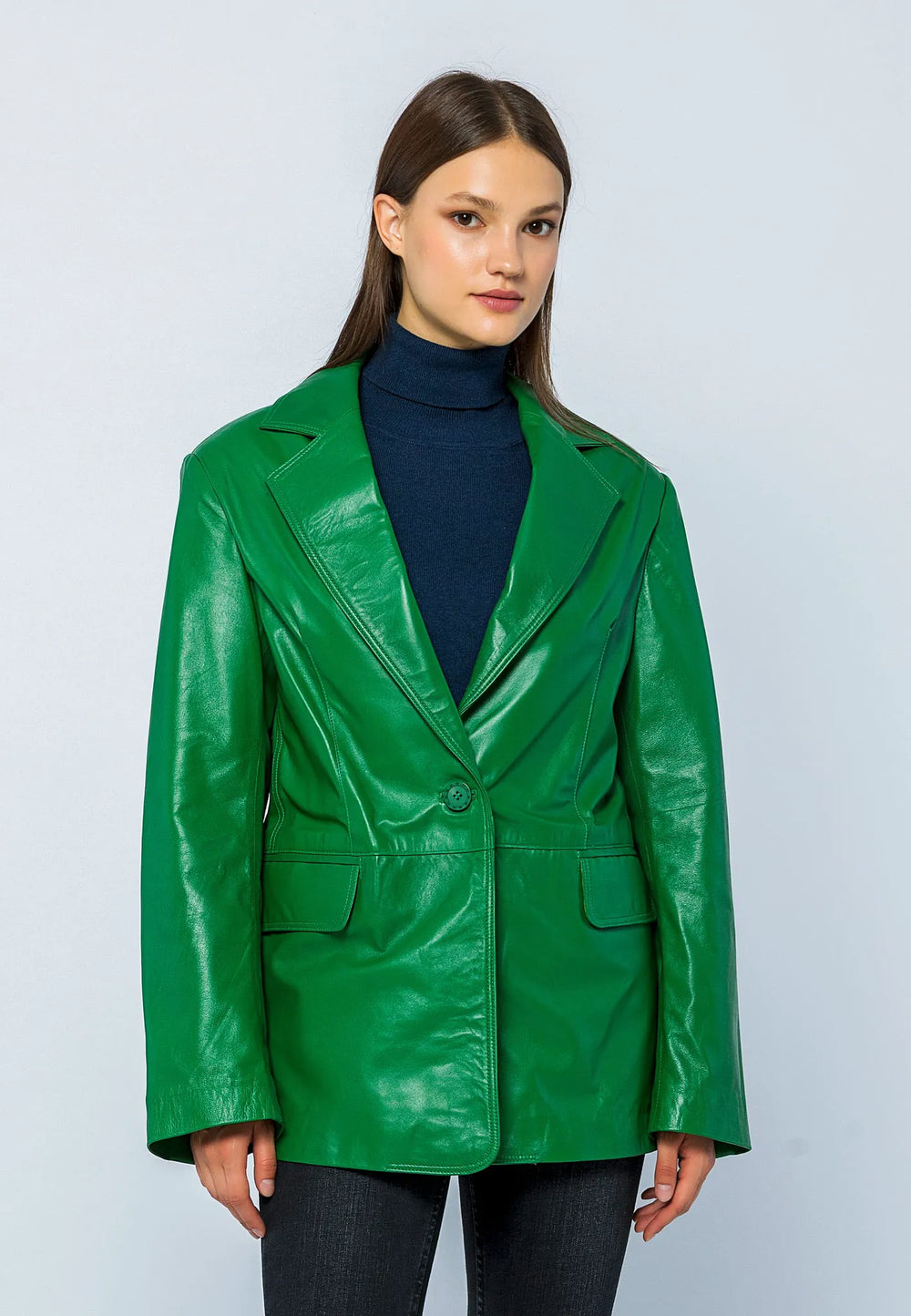 Kadın Oversize Blazer Deri Ceket Yeşil