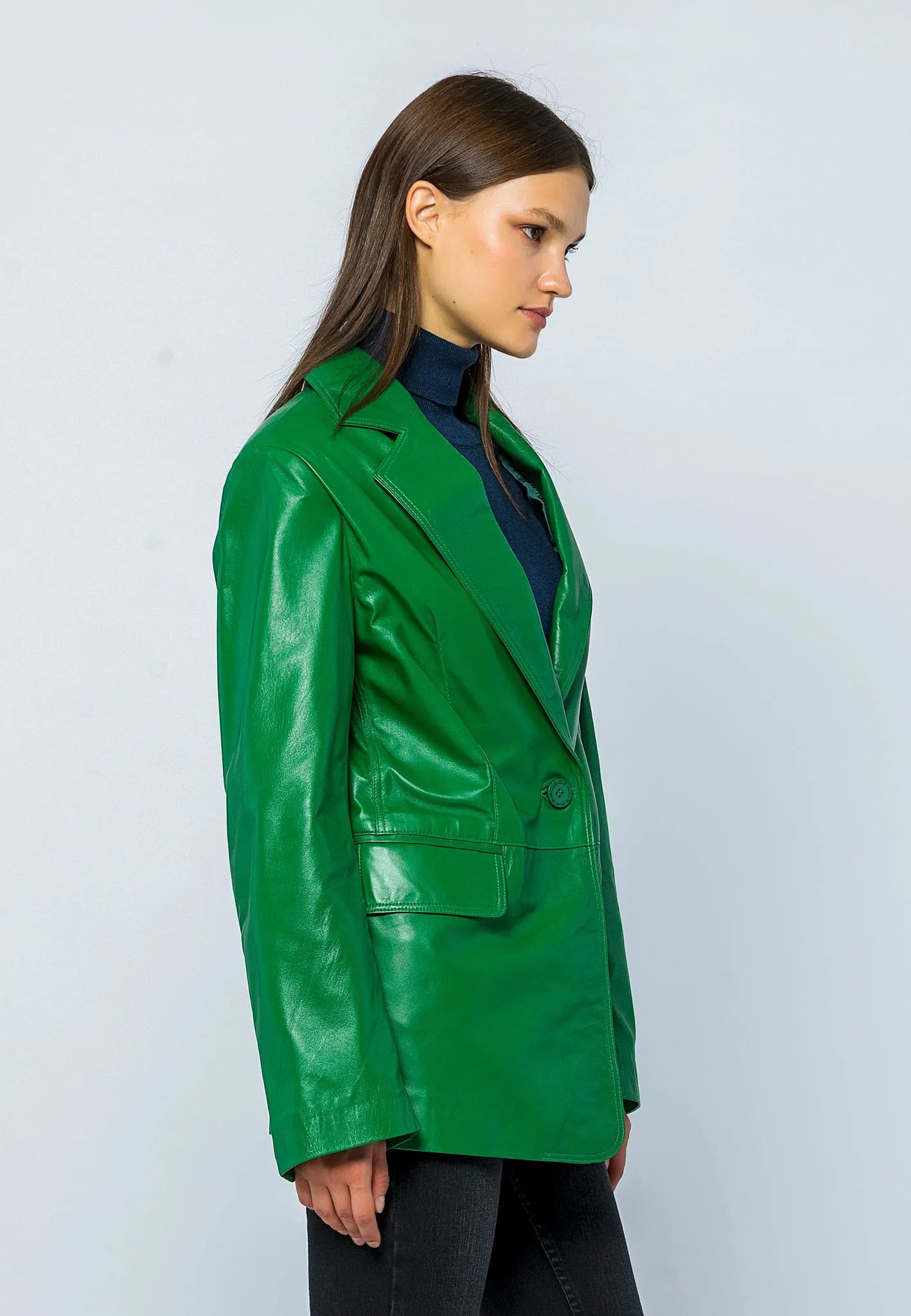 Kadın Oversize Blazer Deri Ceket Yeşil