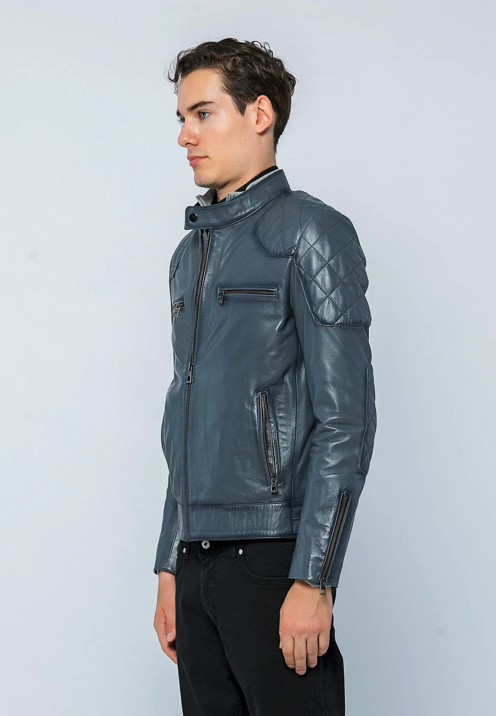 Erkek Biker Deri Ceket Gri