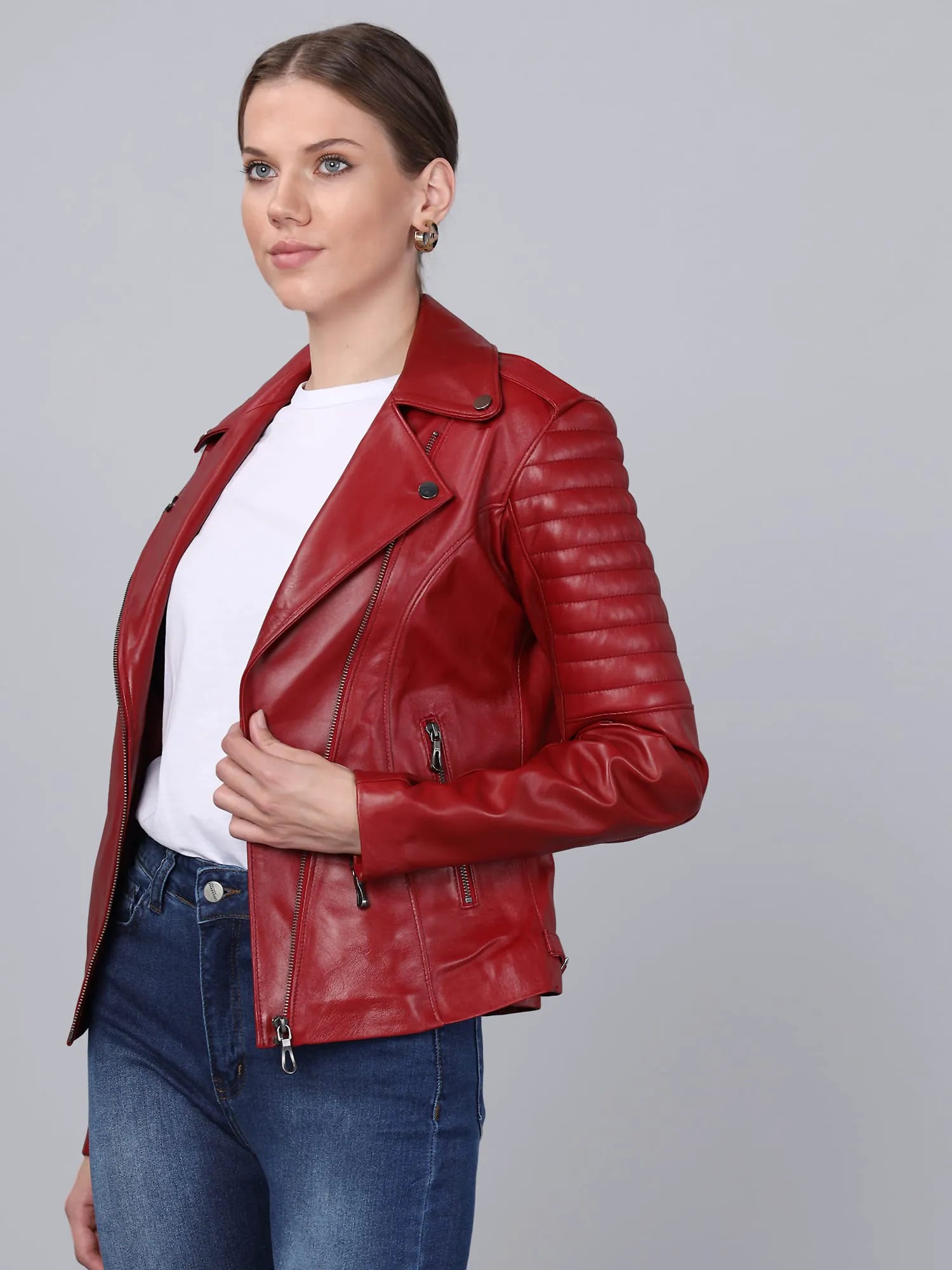 Kadın Biker Deri Ceket Kırmızı