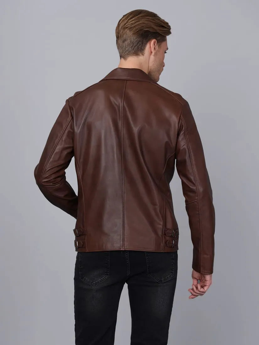 Erkek Biker Deri Ceket Kestane