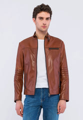 Erkek Fermuar Detaylı Deri Ceket Kestane