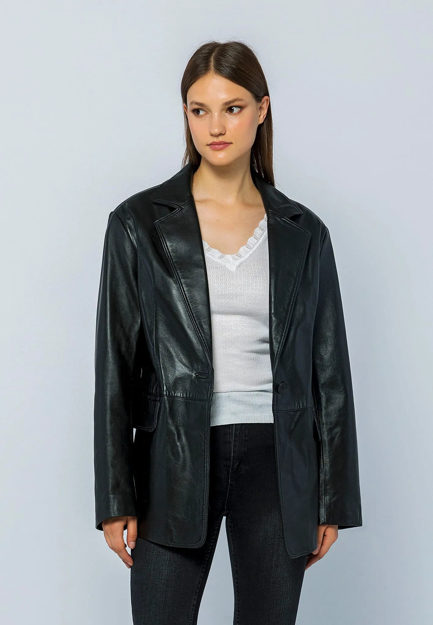 Kadın Oversize Blazer Deri Ceket Siyah