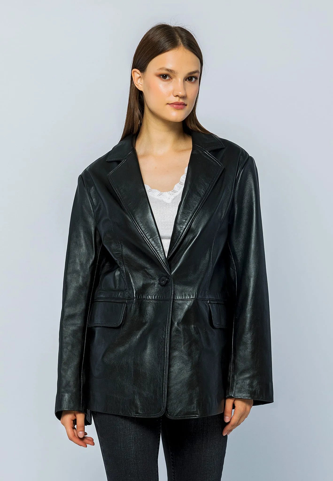 Kadın Oversize Blazer Deri Ceket Siyah