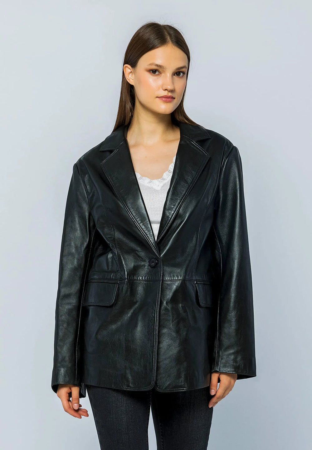Kadın Oversize Blazer Deri Ceket Siyah