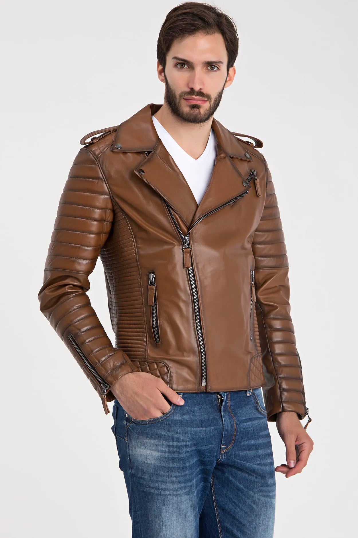 Erkek Biker Deri Ceket Kestane