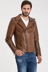Erkek Biker Deri Ceket Kestane