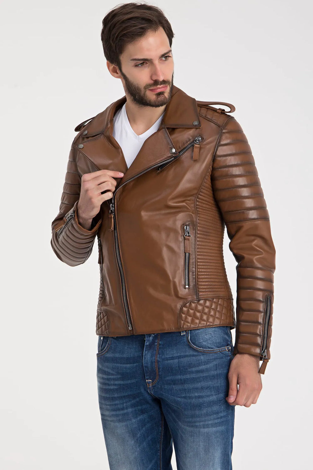 Erkek Biker Deri Ceket Kestane