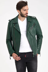 Erkek Biker Deri Ceket Yeşil