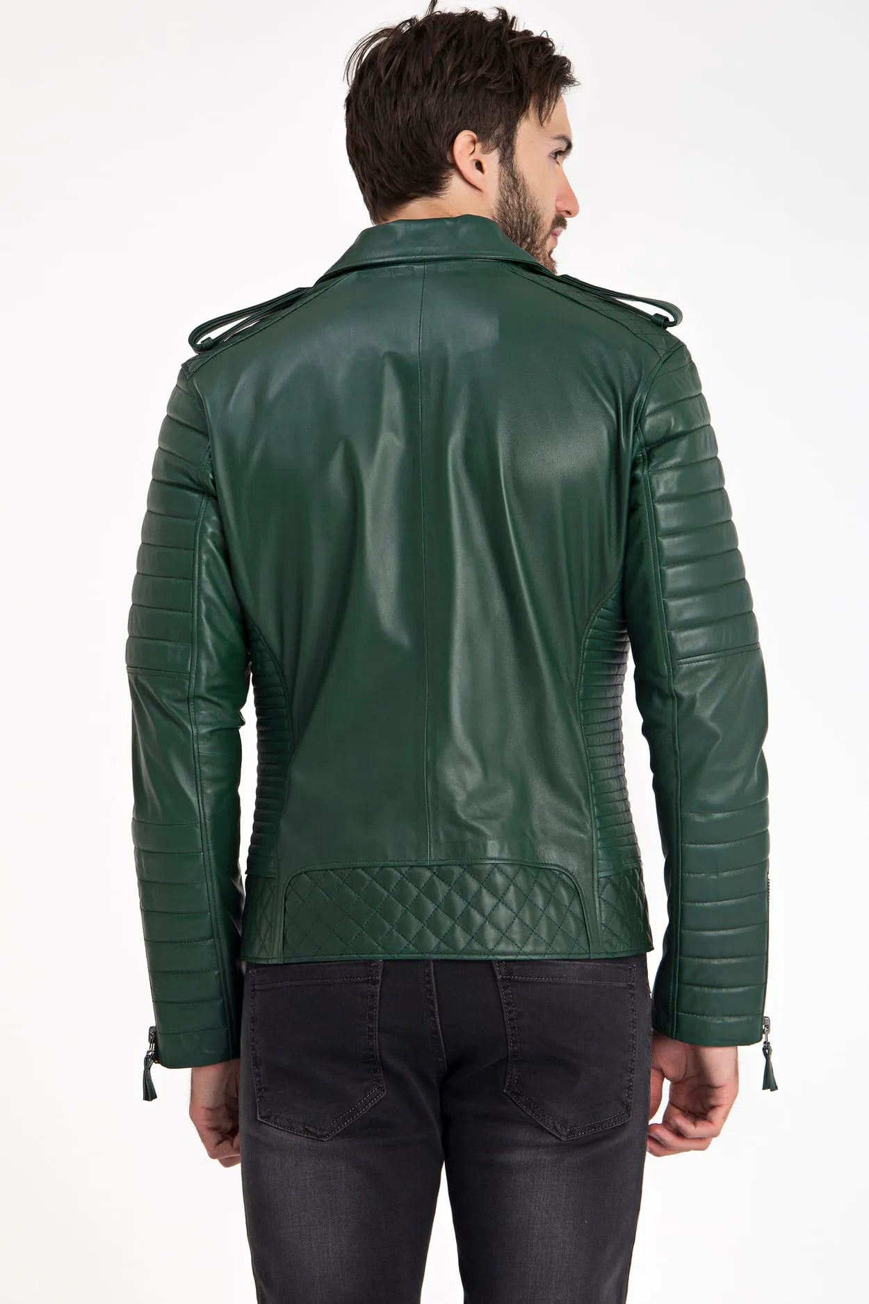 Erkek Biker Deri Ceket Yeşil